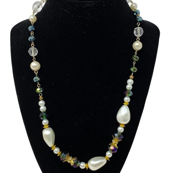 Handmade Artisan Beaded Necklace White Pearlescent Beads Multicolor Gold Tone - Picture 1 of 6